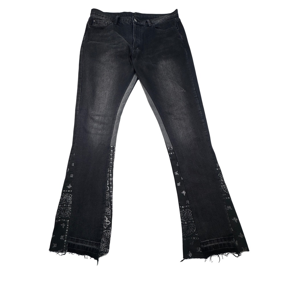 MNML Flare Denim Jeans Black Paisley Bandana Inset Frayed Hem Mens 36 festival